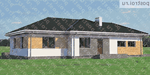 A-315-1P проект одноэтажного дома из пеноблоков с гаражом размером 18 на 16  - вид слева