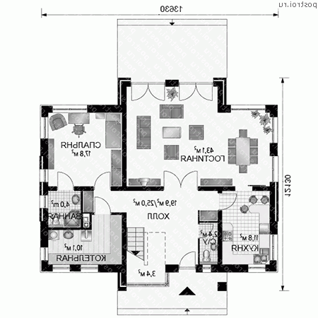 A-320-1P проект одноэтажного коттеджа из газобетона с мансардой размером 12 на 14  - 1-й этаж