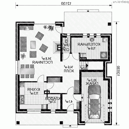 A-328-1K проект одноэтажного дома из кирпича с мансардой и гаражом размером 13 на 12  - 1-й этаж