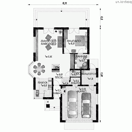 A-347-1P проект одноэтажного дома из газобетона с мансардой и гаражом размером 16 на 12  - 1-й этаж