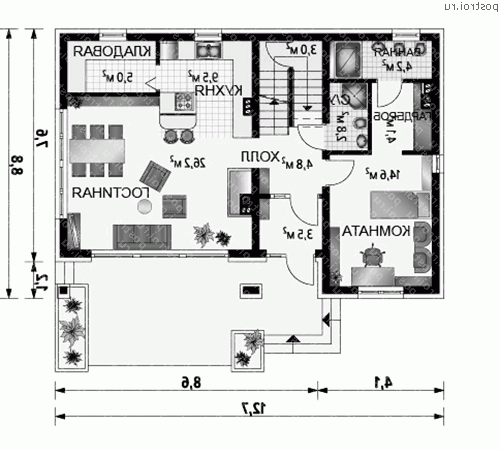 A-358-1P проект одноэтажного коттеджа из газобетона с мансардой размером 9 на 13  - 1-й этаж