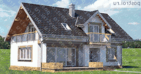 A-358-1P проект одноэтажного коттеджа из газобетона с мансардой размером 9 на 13  - вид спереди