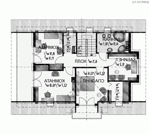 A-358-1P проект одноэтажного коттеджа из газобетона с мансардой размером 9 на 13  - мансарда