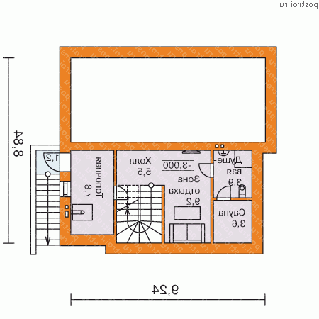 B-169-1P проект двухэтажного дома из пеноблоков с цоколем и мансардой размером 9 на 9  - цоколь