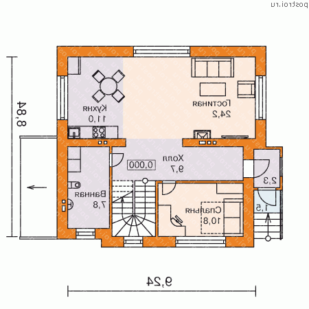 B-169-1P проект двухэтажного дома из пеноблоков с цоколем и мансардой размером 9 на 9  - 1-й этаж
