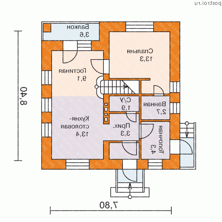 C-097-1K проект одноэтажного коттеджа из кирпича с мансардой размером 8 на 8  - 1-й этаж