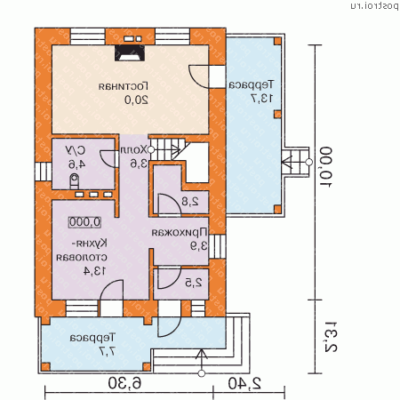 C-112-1K проект одноэтажного коттеджа из кирпича с мансардой размером 10 на 6  - 1-й этаж