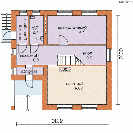 C-116-1P проект двухэтажного коттеджа из пенобетона размером 9 на 9  - 1-й этаж