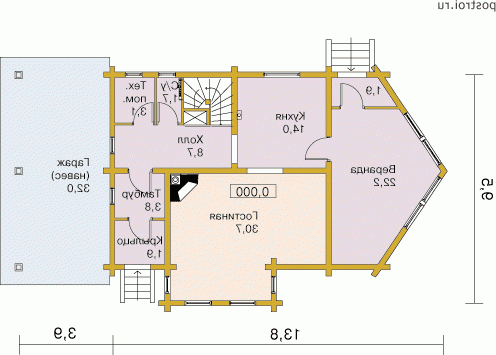 C-148-1D проект одноэтажного деревянного коттеджа из бревна с мансардой и гаражом размером 10 на 14  - 1-й этаж