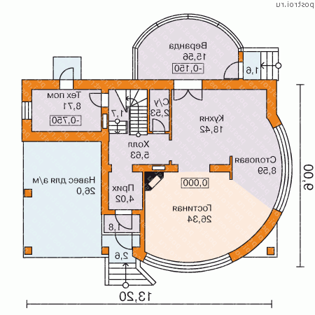 C-166-1P проект двухэтажного дома из пеноблоков с гаражом размером 9 на 13  - 1-й этаж