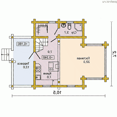 D-081-1D проект одноэтажного деревянного дома из бревна с мансардой размером 7 на 11 - 1-й этаж