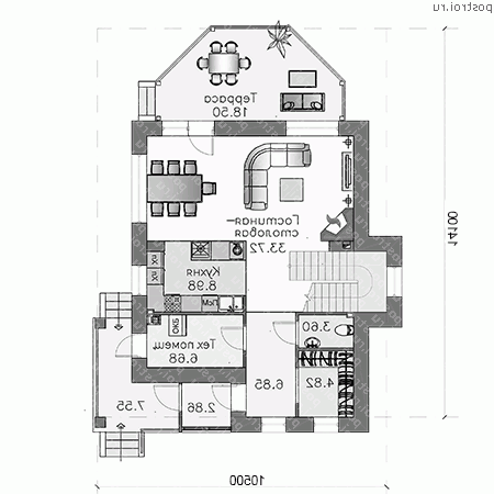 D-143-1P проект двухэтажного дома из газобетона размером 14 на 11  - 1-й этаж