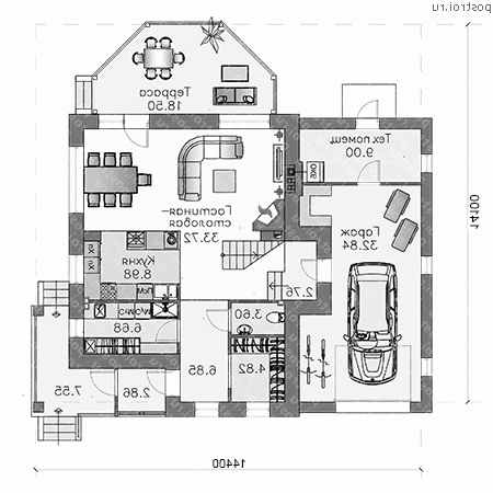 D-143-2P проект двухэтажного дома из пеноблоков с гаражом размером 14 на 14  - 1-й этаж