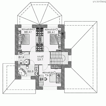 D-143-2P проект двухэтажного дома из пеноблоков с гаражом размером 14 на 14  - 2-й этаж