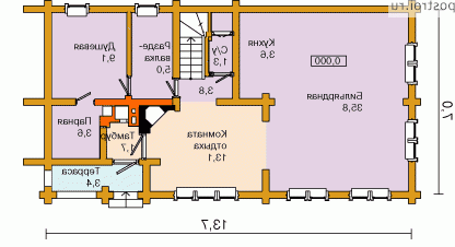 D-156-1D проект одноэтажного деревянного коттеджа из бревна с мансардой размером 7 на 14  - 1-й этаж