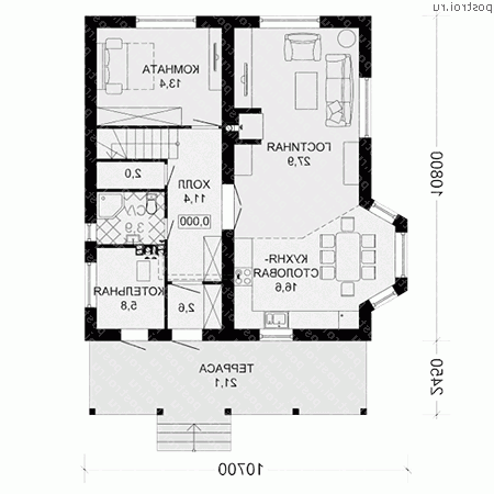 D-165-1P проект одноэтажного дома из пеноблоков с мансардой размером 11 на 11 - 1-й этаж