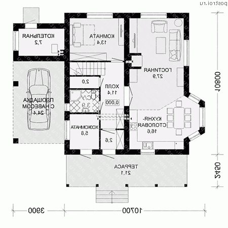D-165-3P проект двухэтажного дома из пеноблоков с гаражом размером 11 на 15  - 1-й этаж