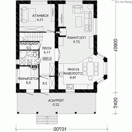 D-165-5P проект двухэтажного дома из пеноблоков размером 11 на 11  - 1-й этаж