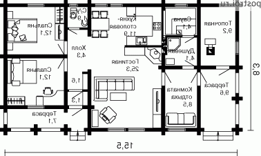 E-105-1D проект одноэтажного деревянного коттеджа из бревна размером 16 на 8  - 1-й этаж