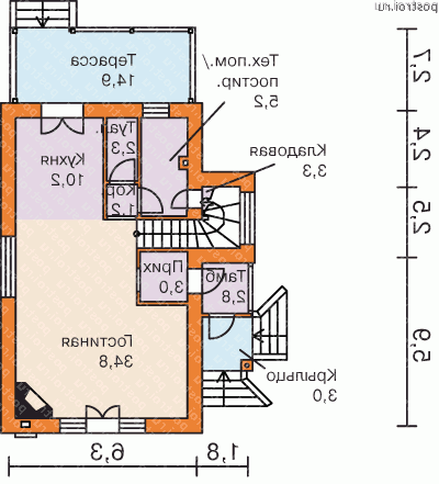 E-129-1P проект двухэтажного коттеджа из газобетона размером 14 на 8  - 1-й этаж