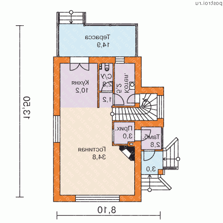 E-129-2P проект двухэтажного коттеджа из газобетона размером 14 на 8  - 1-й этаж