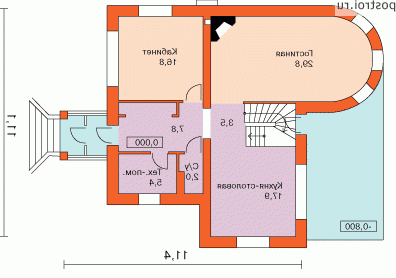 E-173-1P проект двухэтажного дома из пеноблоков размером 11 на 11 - 1-й этаж