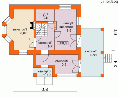 E-175-1K проект двухэтажного дома из кирпича с цоколем размером 9 на 9  - 1-й этаж