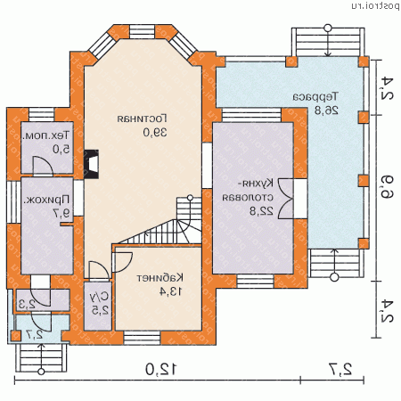 E-193-1P проект двухэтажного коттеджа из пенобетона размером 12 на 12 - 1-й этаж E-193-1P проект двухэтажного коттеджа из пенобетона размером 12 на 12 - 1-й этаж