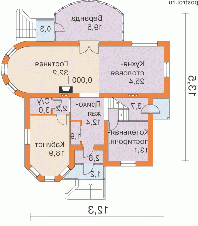 E-230-1P проект двухэтажного дома из газобетона размером 14 на 12  - 1-й этаж