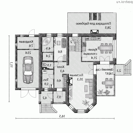 E-235-1K проект двухэтажного дома из кирпича с гаражом размером 11 на 17  - 1-й этаж