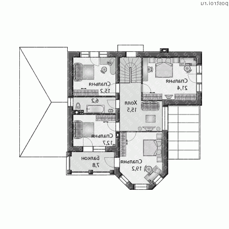E-235-1K проект двухэтажного дома из кирпича с гаражом размером 11 на 17  - 2-й этаж