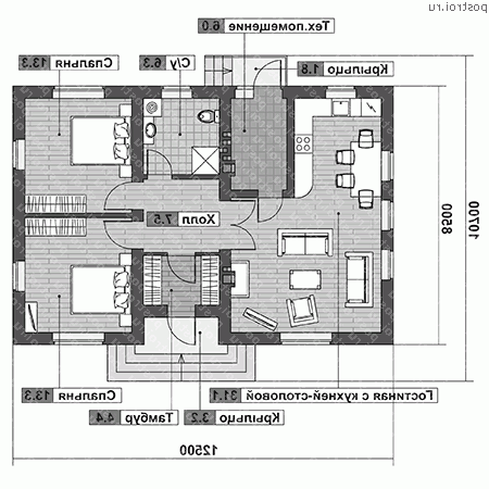 F-083-1P проект одноэтажного дома из пеноблока размером 9 на 13  - 1-й этаж