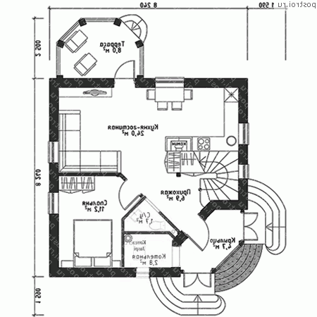 F-093-1P проект двухэтажного коттеджа из пенобетона размером 8 на 8  - 1-й этаж