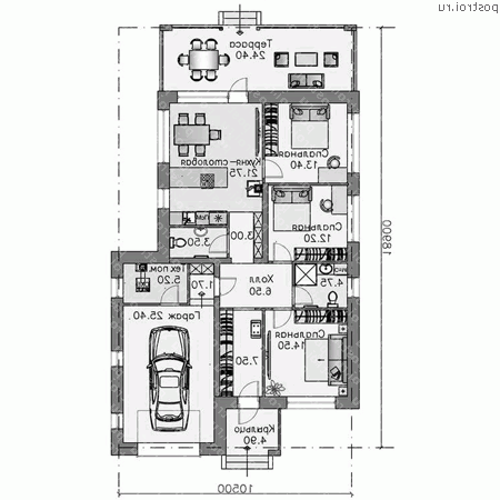 F-128-1P проект одноэтажного коттеджа из газобетона с гаражом размером 11 на 19  - 1-й этаж