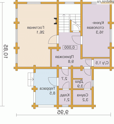F-154-1D проект двухэтажного деревянного коттеджа из бревна размером 11 на 10  - 1-й этаж