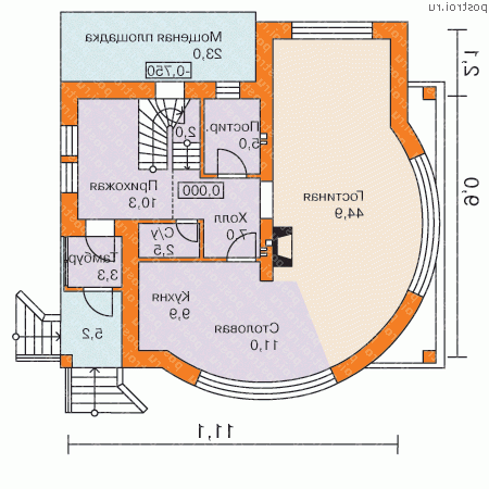 F-179-1K проект двухэтажного дома из кирпича размером 11 на 11 - 1-й этаж