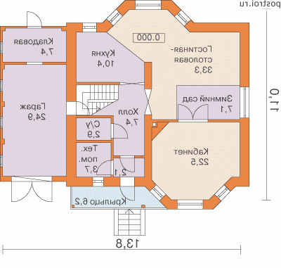 F-181-1P проект одноэтажного дома из пеноблоков с мансардой и гаражом размером 14 на 11 - 1-й этаж