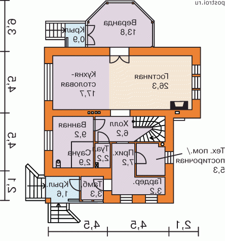 F-185-1P проект двухэтажного дома из пеноблоков размером 11 на 11 - 1-й этаж