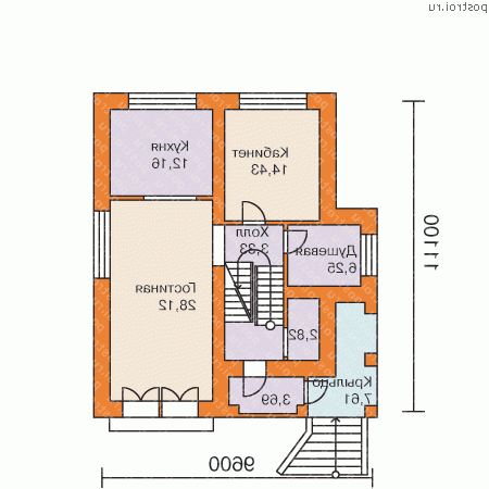 F-196-1P проект двухэтажного коттеджа из пенобетона с цоколем и мансардой и гаражом размером 11 на 10  - 1-й этаж