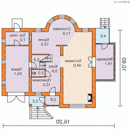 F-224-1P проект двухэтажного дома из газобетона с гаражом размером 11 на 16 - 1-й этаж