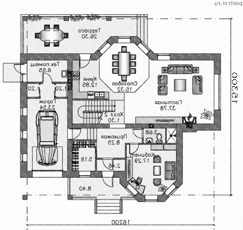 F-261-1P проект двухэтажного дома из пеноблоков с гаражом размером 15 на 16  - 1-й этаж