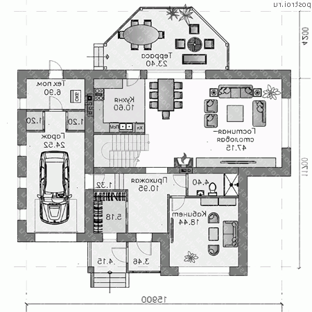F-304-1P проект двухэтажного дома из пеноблоков с мансардой и гаражом размером 11 на 16  - 1-й этаж