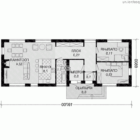 G-096-1P проект одноэтажного коттеджа из пеноблока размером 7 на 20  - 1-й этаж