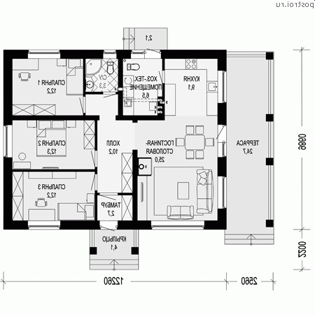 G-102-1P проект одноэтажного коттеджа из пенобетона размером 15 на 12 - 1-й этаж