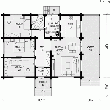G-103-1D проект одноэтажного деревянного коттеджа из бруса размером 11 на 12 - 1-й этаж