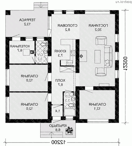 G-111-1P проект одноэтажного коттеджа из пенобетона размером 12 на 12  - 1-й этаж