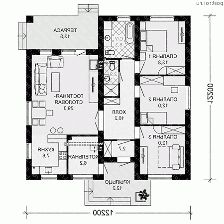 G-111-2P проект одноэтажного коттеджа из пенобетона размером 12 на 12  - 1-й этаж
