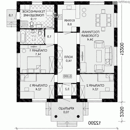 G-121-1P проект одноэтажного коттеджа из газобетона размером 12 на 12 - 1-й этаж