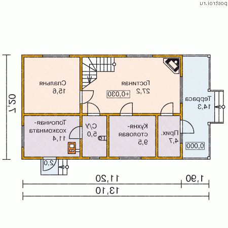 G-127-1D проект одноэтажного деревянного коттеджа из бруса с мансардой размером 7 на 13  - 1-й этаж