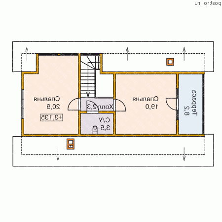 G-127-1D проект одноэтажного деревянного коттеджа из бруса с мансардой размером 7 на 13  - мансарда